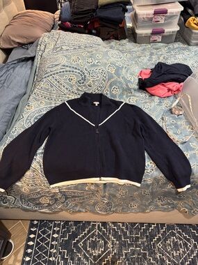 Talbots Navy Zip Cardigan with Cream Trim Cooling fabric